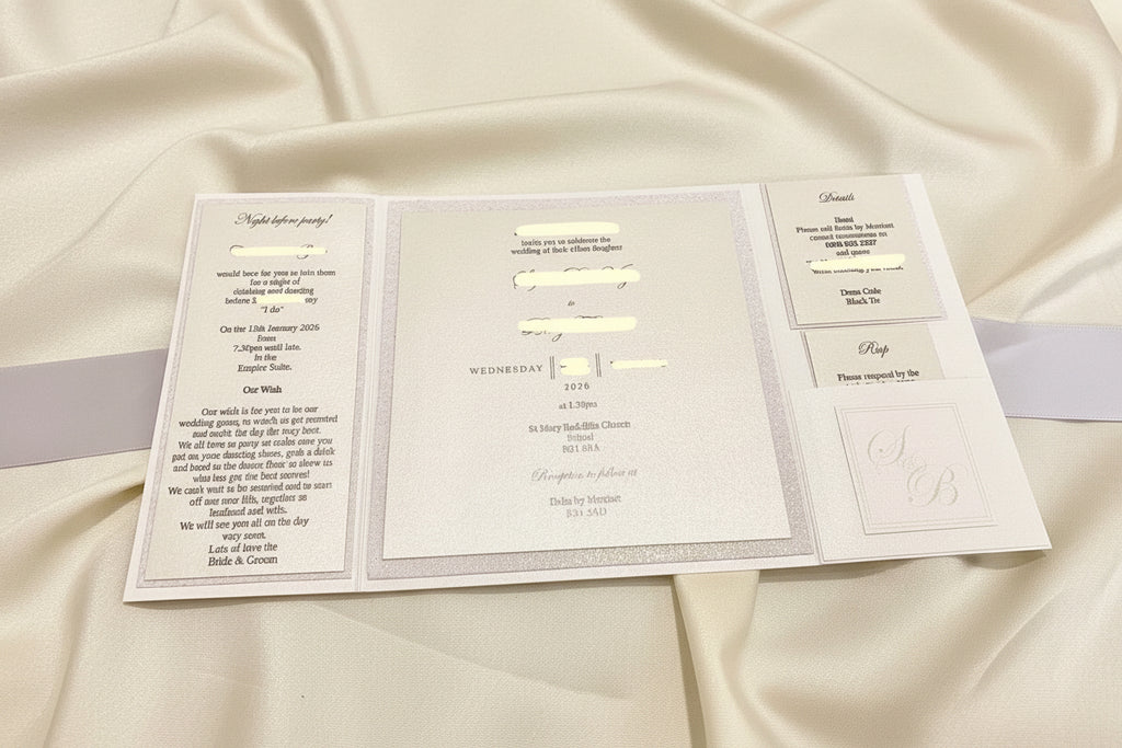 Luxury Gatefold Wedding Invitation | Pearlised Card with Box & Ribbon