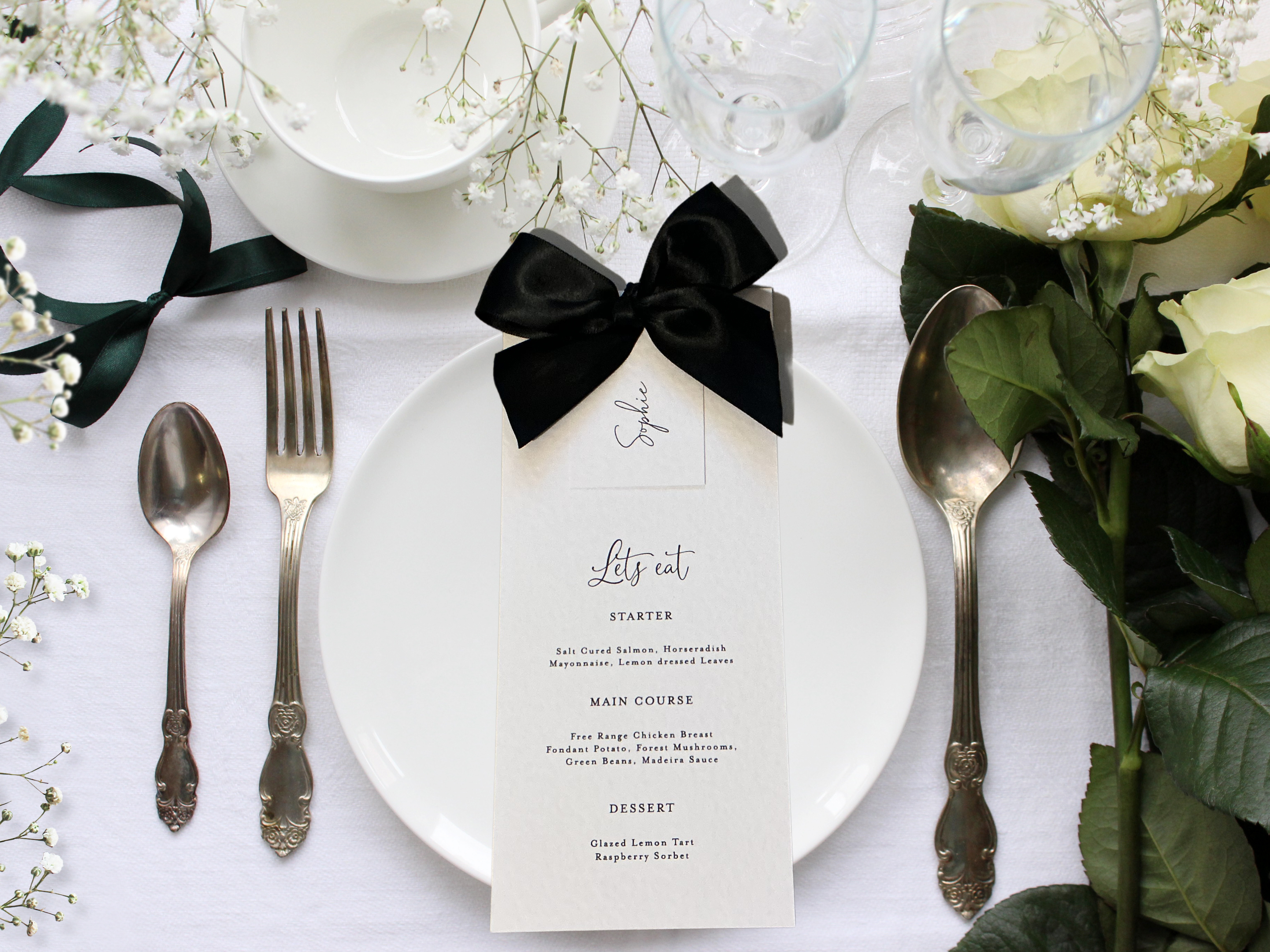 Bow Menu with Place Card – Elegant Wedding and Event Table Stationery | Personalised Reception Menu Cards
