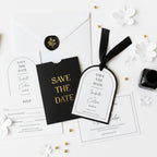Black Save the Date Cards with Gold Writing – Elegant Modern Wedding Save the Dates | Personalised UK