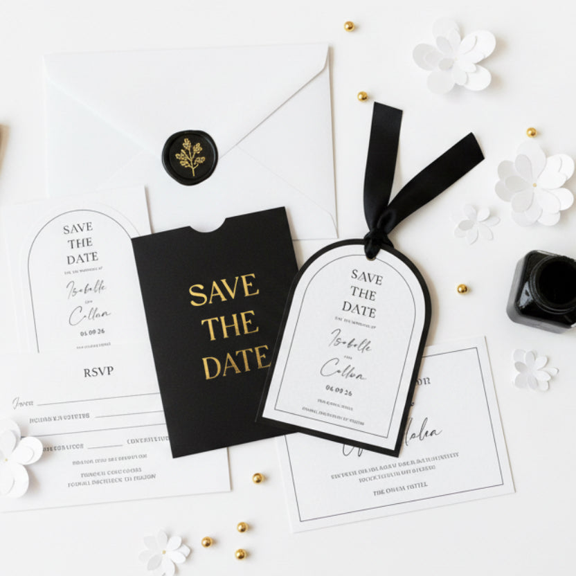 Black Save the Date Cards with Gold Writing – Elegant Modern Wedding Save the Dates | Personalised UK