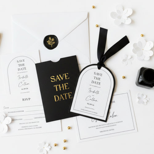 Black Save the Date Cards with Gold Writing – Elegant Modern Wedding Save the Dates | Personalised UK
