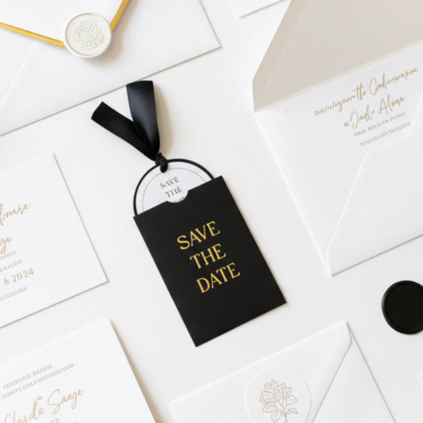 Black Save the Date Cards with Gold Writing – Elegant Modern Wedding Save the Dates | Personalised UK