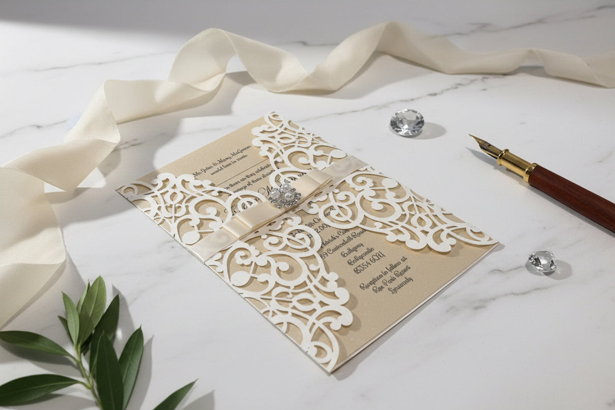 Ivory Laser Cut Wedding Invitation with Pearlised Card, Bow & Gem
