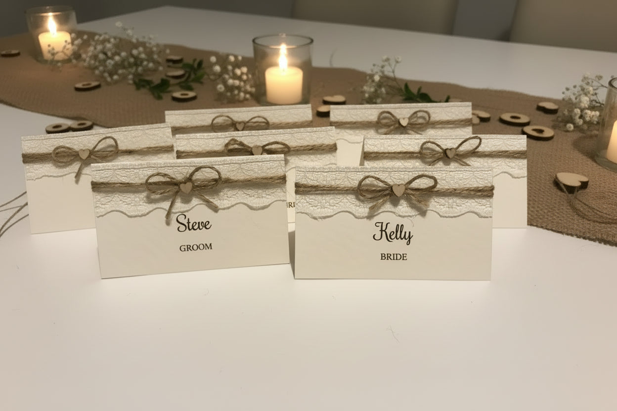 Rustic Lace Place Cards – Vintage Wedding Table Name Cards | Handmade Country Chic Escort Cards