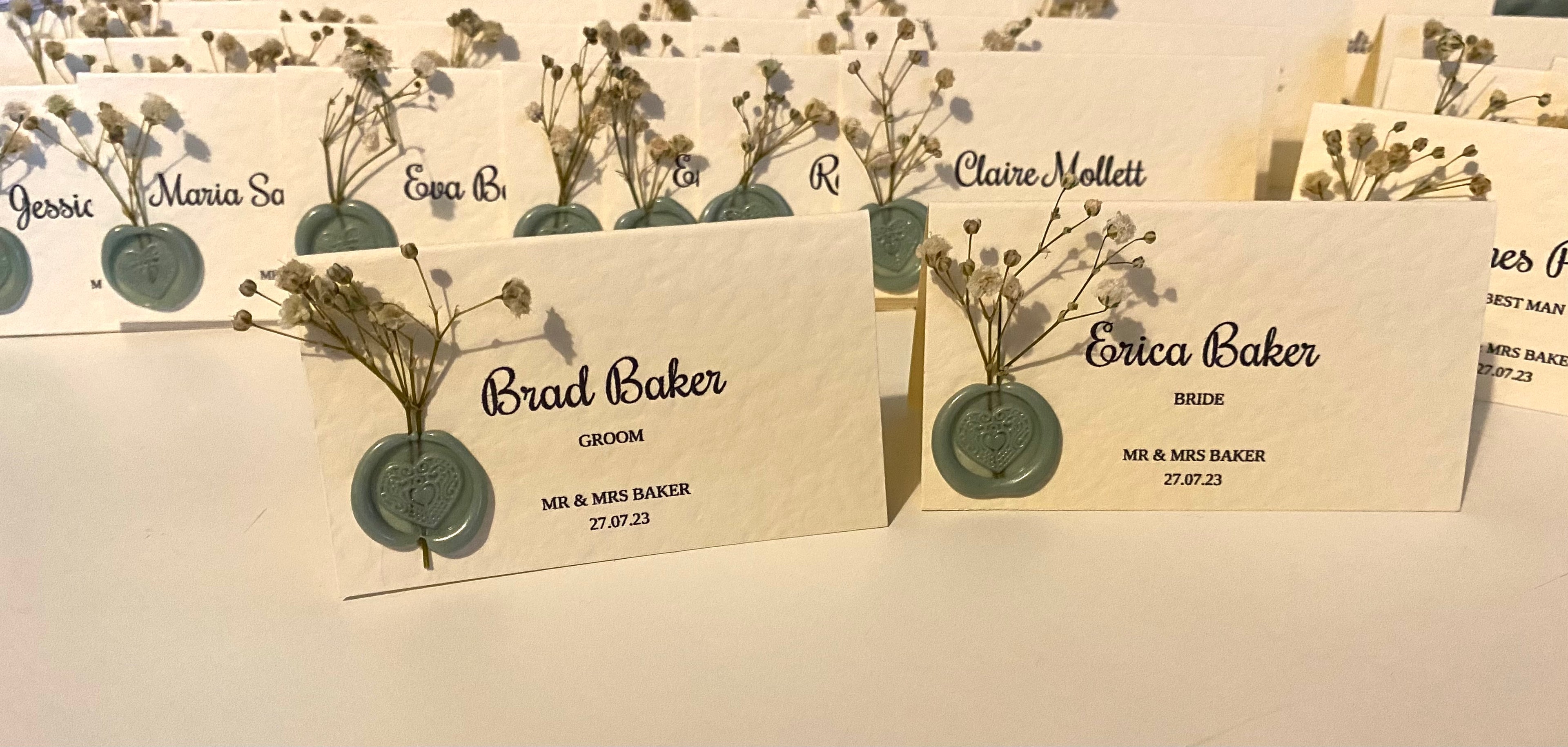 Personalised Wax Seal & Dried Flower Place Cards for Weddings & Events