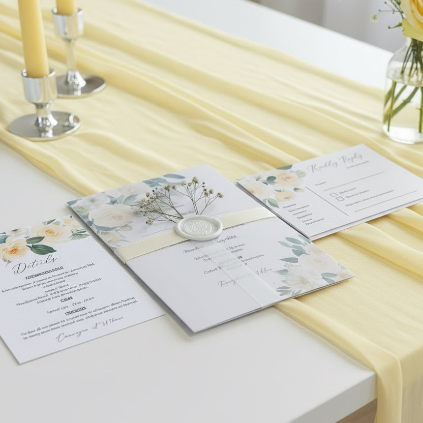 Yellow Floral Vellum Wedding Invitation | Elegant Botanical Semi-Transparent Invite
